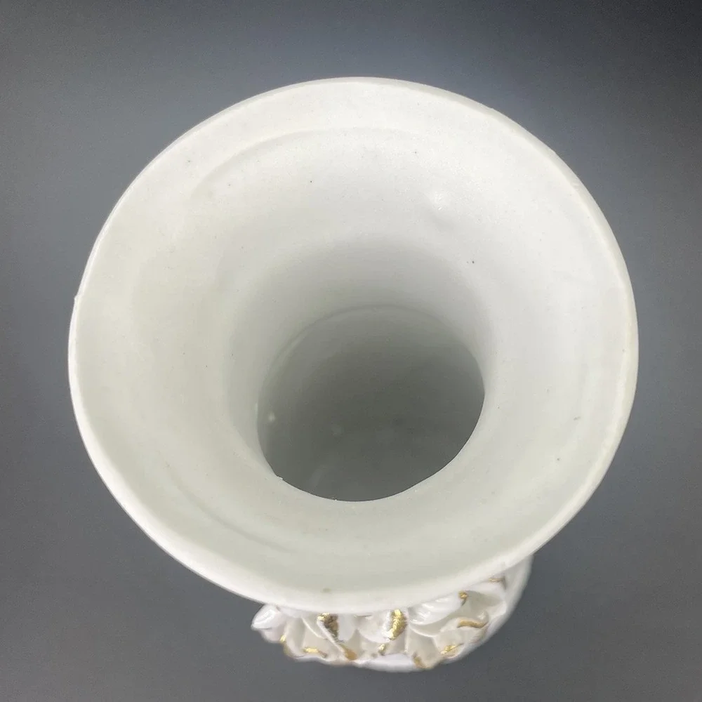 Vintage Ceramic White Vase with Roses/Gold Trim Matte /Glossy Glaze Textured